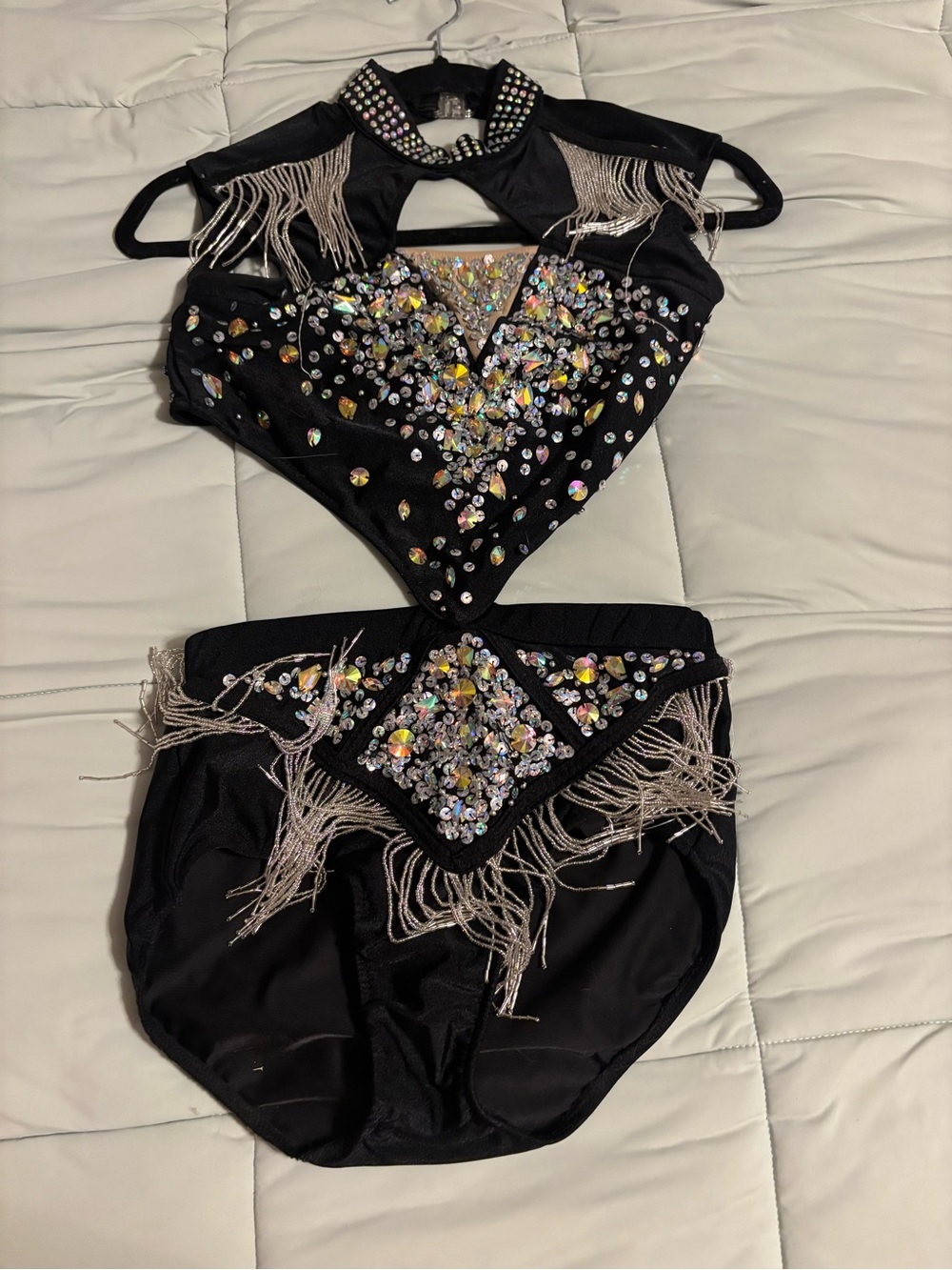 Glamorous Black Rhinestone Fringe Performance Two-Piece